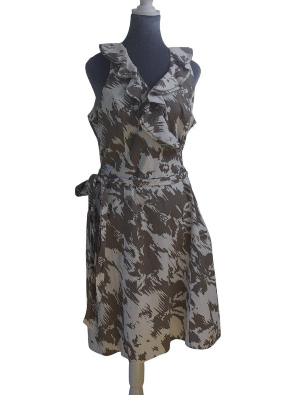 Ann Taylor Faux Wrap Fit & Flare Dress 14 Neutral Abstract Print Feminine EUC